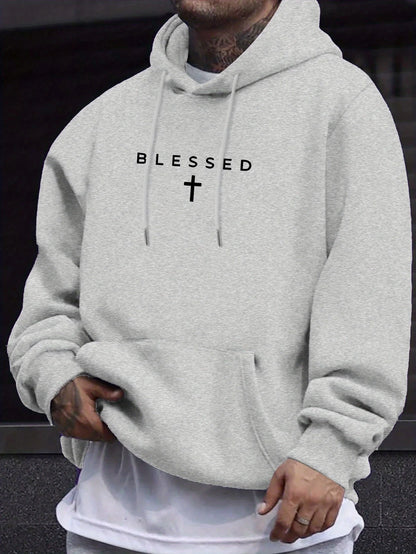Casual Hooded Sweater With Blessing Cross Design and Geometric Patterns