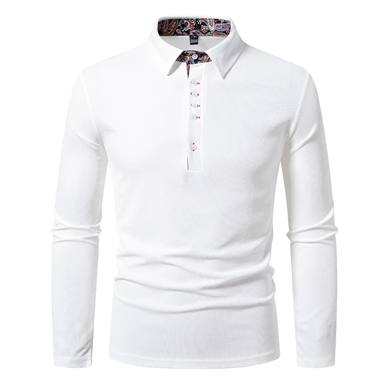 Casual Polo Shirt Men Fashion Paisley Color Block Long-Sleeve Men's New Autumn Business Polo Shirts Solid Color Hip Hop Top Tees