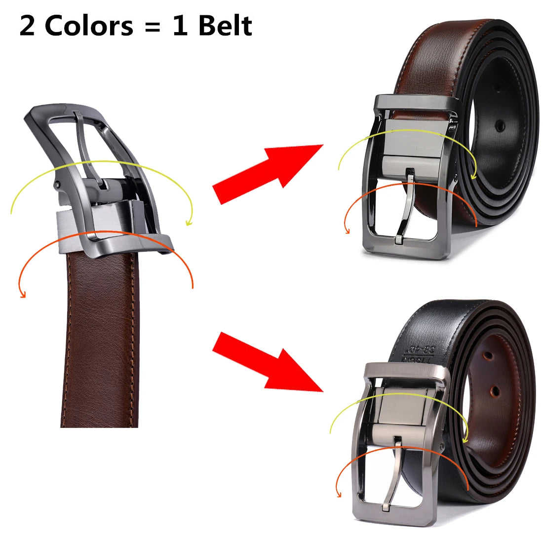 1Pcs Men's Genuine Leather Reversible Belt Rotated Buckle Two in One Big and Tall