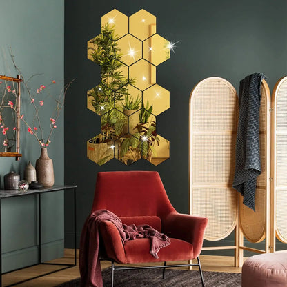 6/12pcs 3D Hexagon Mirror Wall Sticker Rose Gold DIY Room Stickers Wall Decor