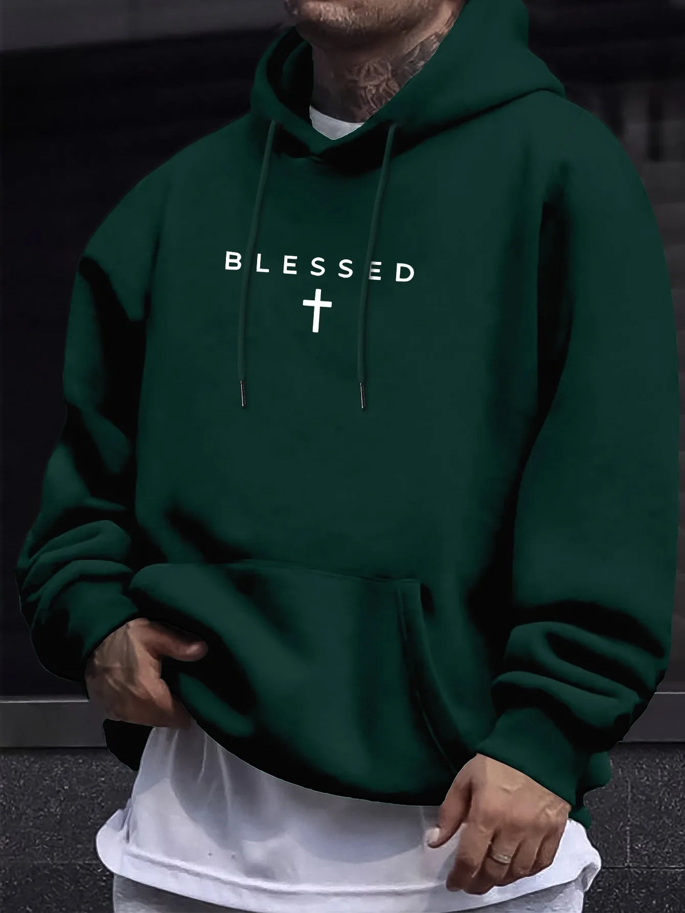 Casual Hooded Sweater With Blessing Cross Design and Geometric Patterns