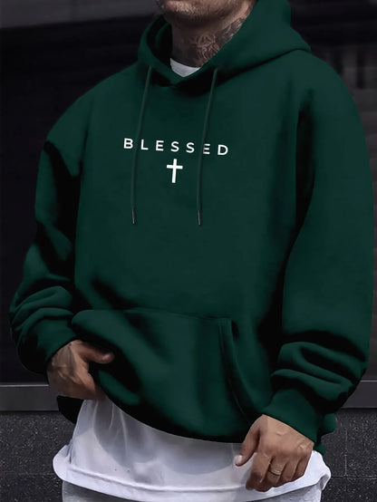 Casual Hooded Sweater With Blessing Cross Design and Geometric Patterns