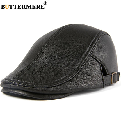 Men Beret Hat Real Leather Flat Cap Sheepskin Autumn Winter Male