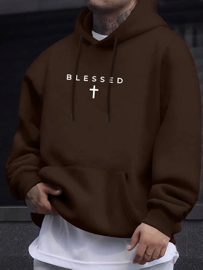 Casual Hooded Sweater With Blessing Cross Design and Geometric Patterns
