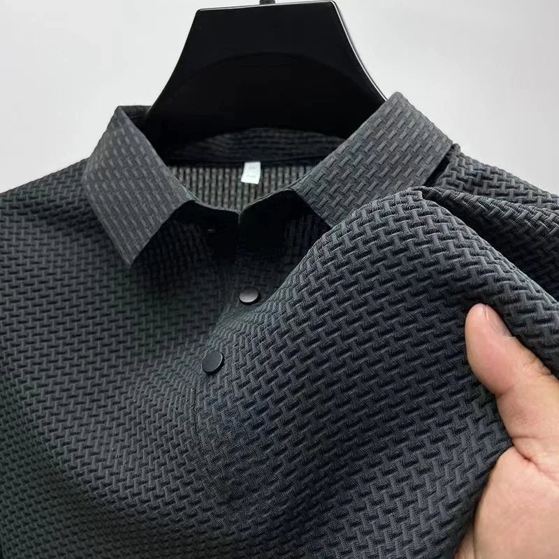 New Men's Business Casual Short Sleeved Bone Flower Solid Color POLO Shirt