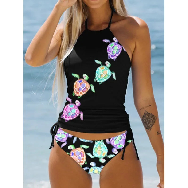 Women's Bathing Suit Coconut Drawstring Side Halter Neck Tankini Set Beach Wear