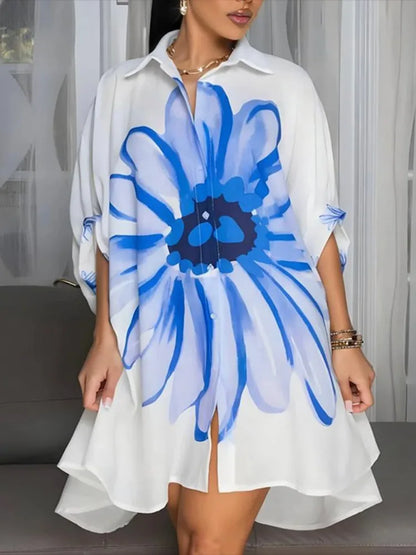 Women's Fashiowomen Half Sleeves Oversized Buttoned Casual Lapel Shirt Dress