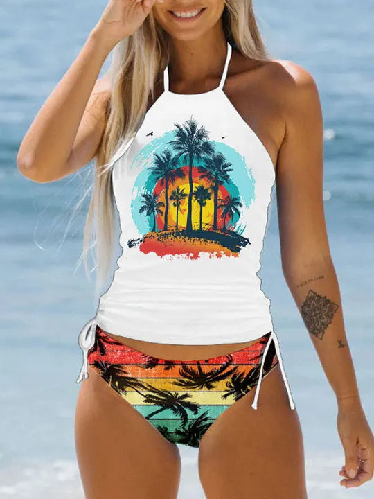 Women's Bathing Suit Coconut Drawstring Side Halter Neck Tankini Set Beach Wear