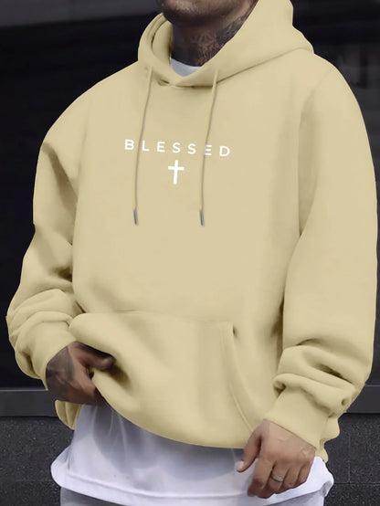 Casual Hooded Sweater With Blessing Cross Design and Geometric Patterns