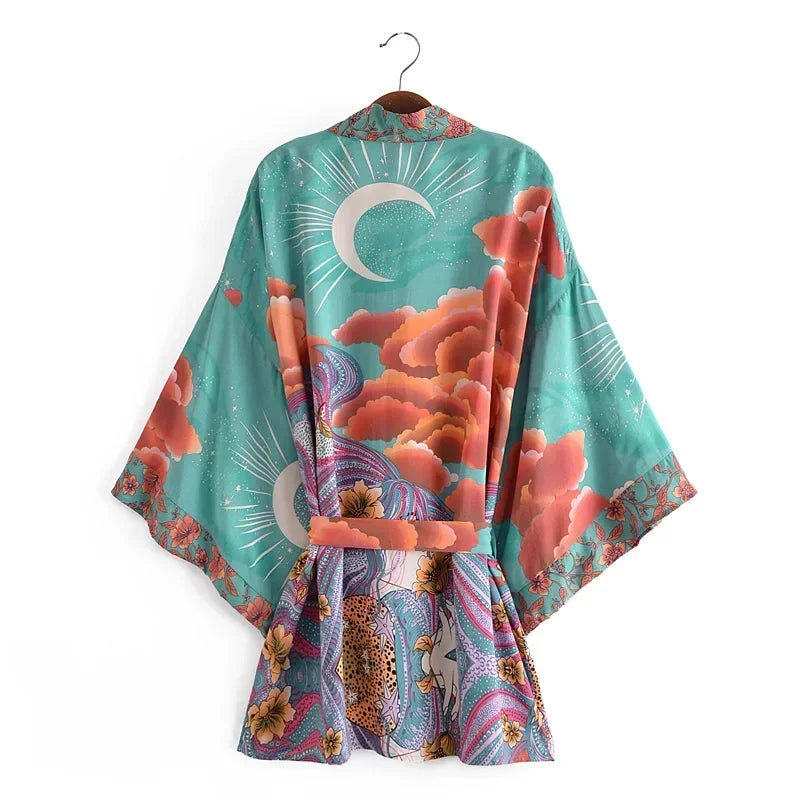 Boho Queens Women Floral Print Bat Sleeve Beach Bohemian Kimono Dresses