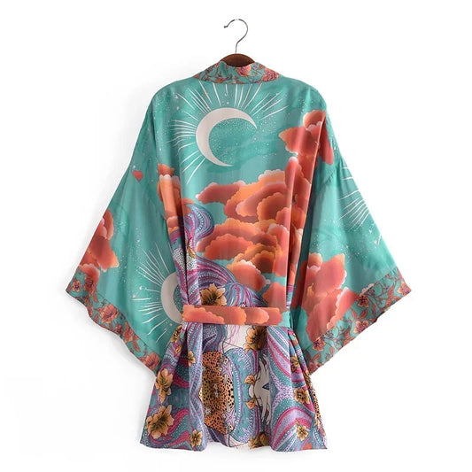 Boho Queens Women Floral Print Bat Sleeve Beach Bohemian Kimono Dresses