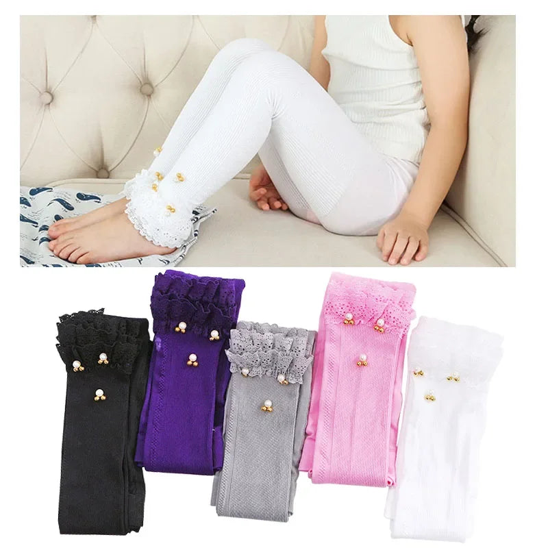 Girls Skinny Leggings Candy Color Lace Ruffles Mickey Beads Leggins