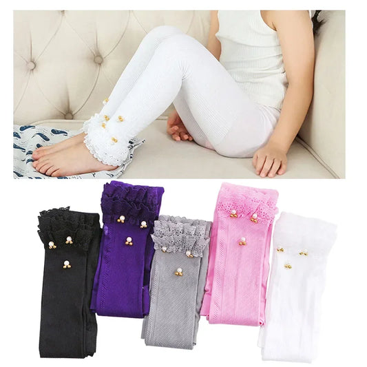 Girls Skinny Leggings Candy Color Lace Ruffles Mickey Beads Leggins
