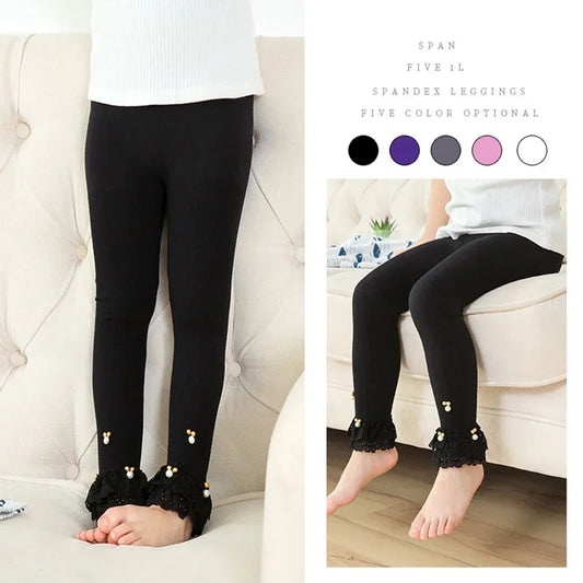 Girls Skinny Leggings Candy Color Lace Ruffles Mickey Beads Leggins