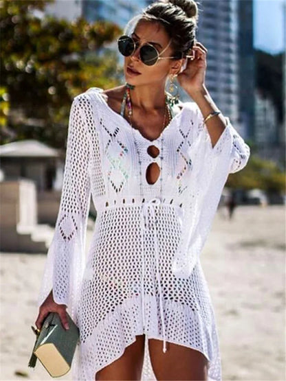 Summer Women Beachwear Sexy White Crochet Tunic Beach Wrap Dress