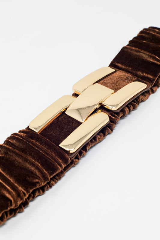 Brown Elastic Velvet Belt With Metal Closure