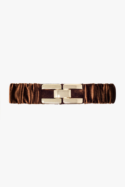 Brown Elastic Velvet Belt With Metal Closure