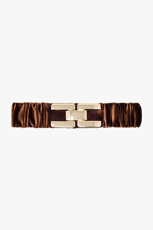Brown Elastic Velvet Belt With Metal Closure