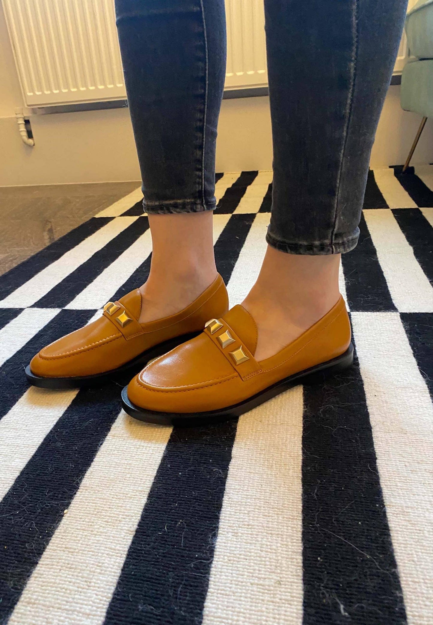 Beige Calf Leather Loafers – Elegant Women’s Flat Shoes With Metal Stud Detail