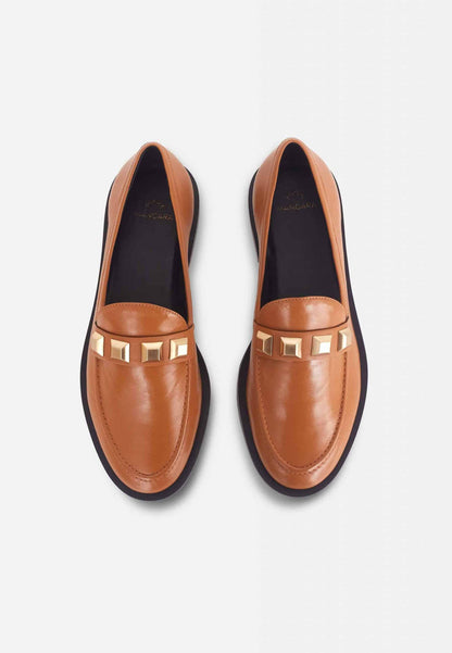 Beige Calf Leather Loafers – Elegant Women’s Flat Shoes With Metal Stud Detail