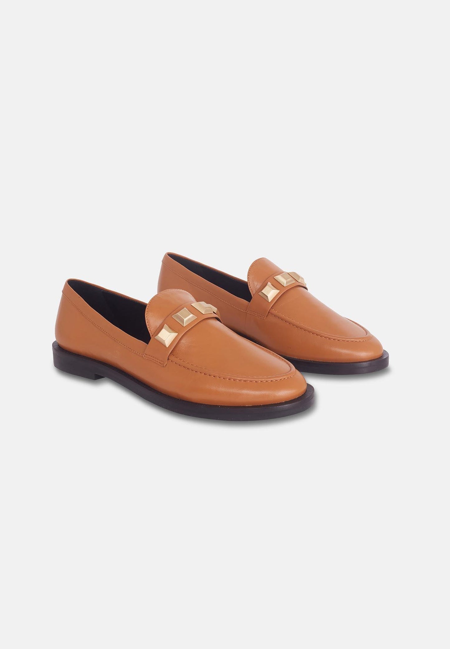 Beige Calf Leather Loafers – Elegant Women’s Flat Shoes With Metal Stud Detail