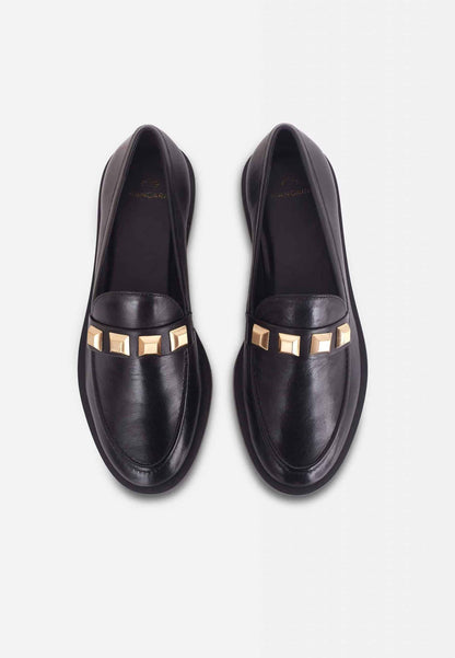 Beige Calf Leather Loafers – Elegant Women’s Flat Shoes With Metal Stud Detail